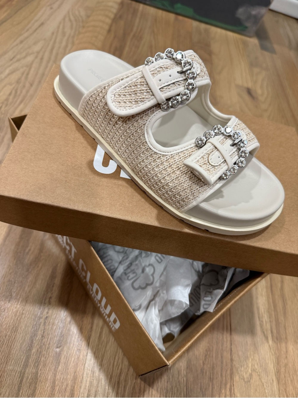 Embellished Cream Slide Sandals with Crystal Buckles